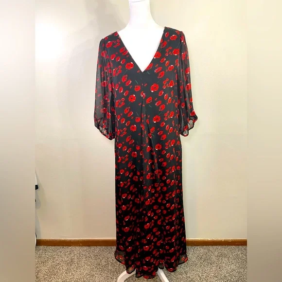 MELLODAY | Dresses | Melloday Black Red Floral V Neck Chiffon Flowy Maxi  Dress L Romantic Dark Styled | Poshmark